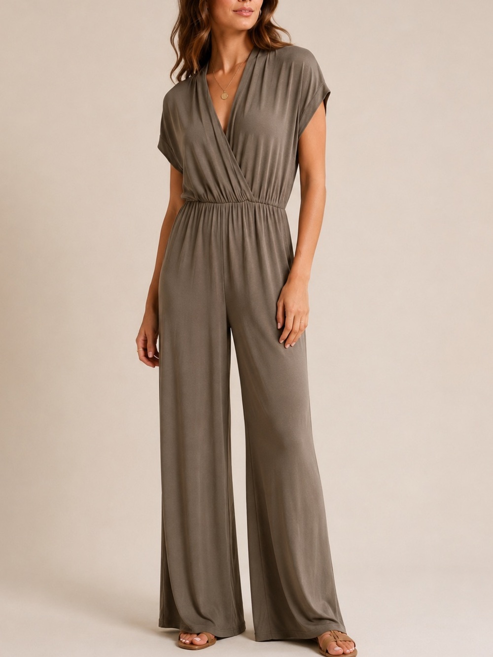 Bobeau Wide Leg Jumpsuit Stretch V Neck Short Sleeve Lounge Travel XS Olive